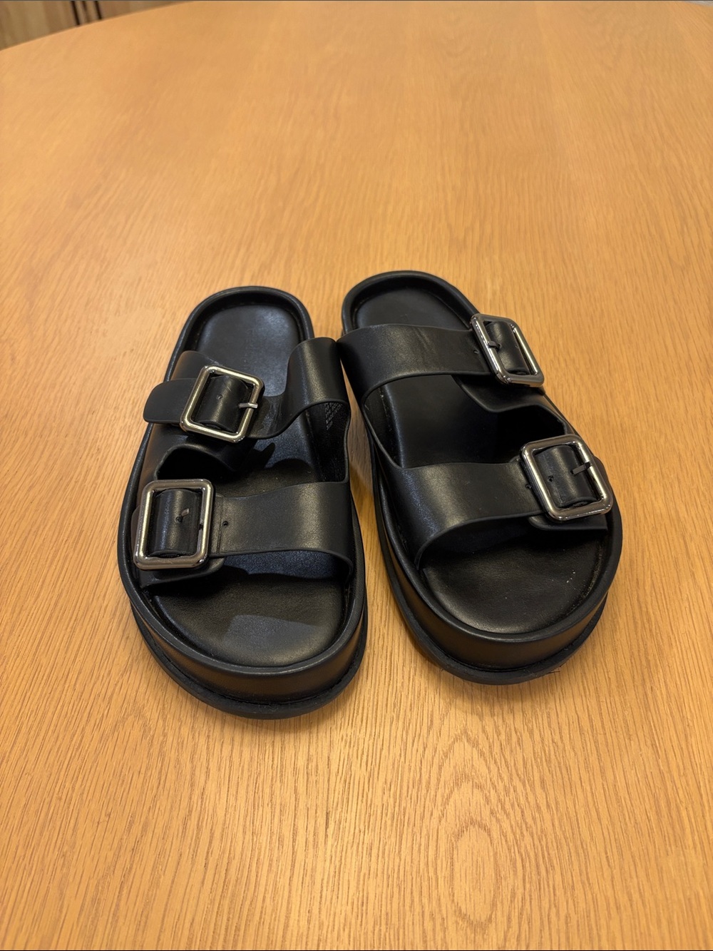 Black Double Platform Buckle Slide Sandals